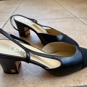 CHANEL Black Leather Slingback Heels